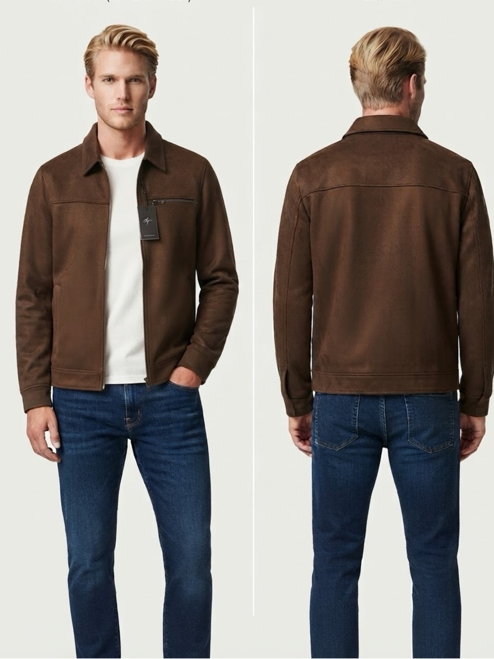 7FOR ALL MANKIND Men's Premium Faux Suede Zip Jacket Brown Bomber/Harrington